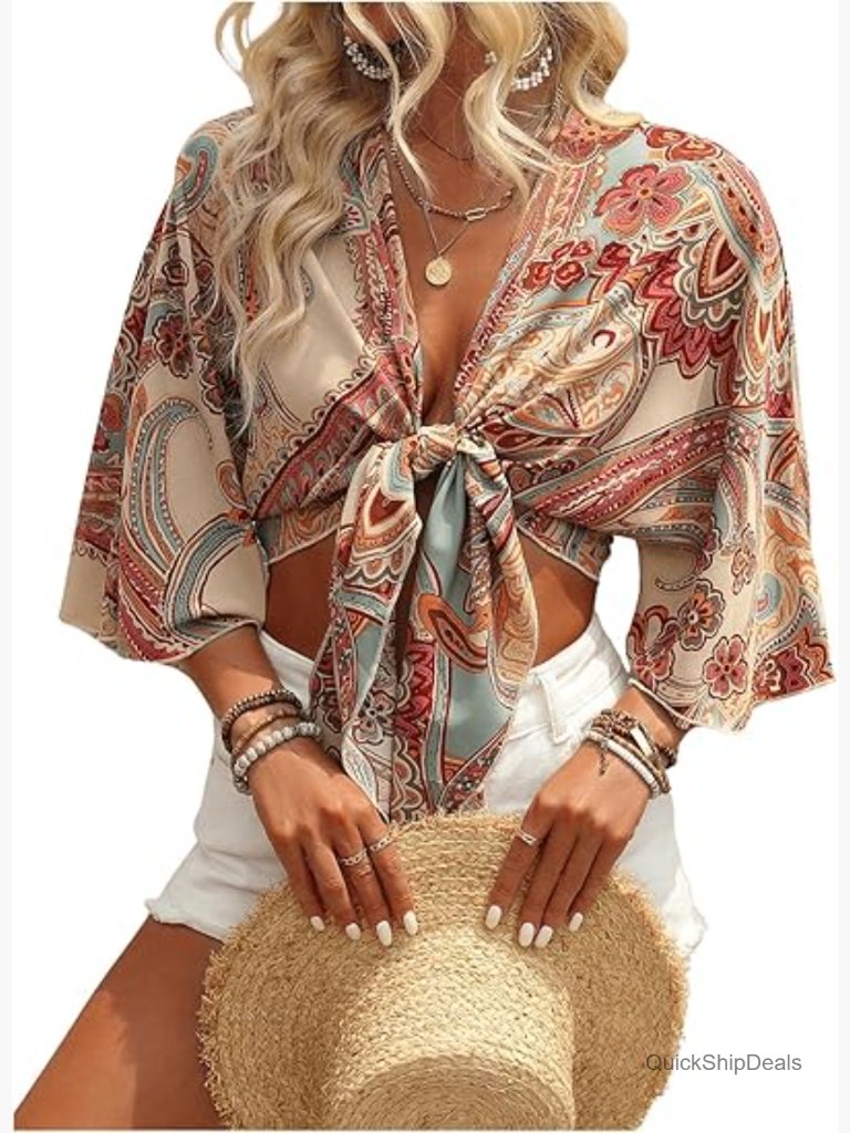 Polyester Boho Tie Front Crop Top 3/4 Sleeve Blouse